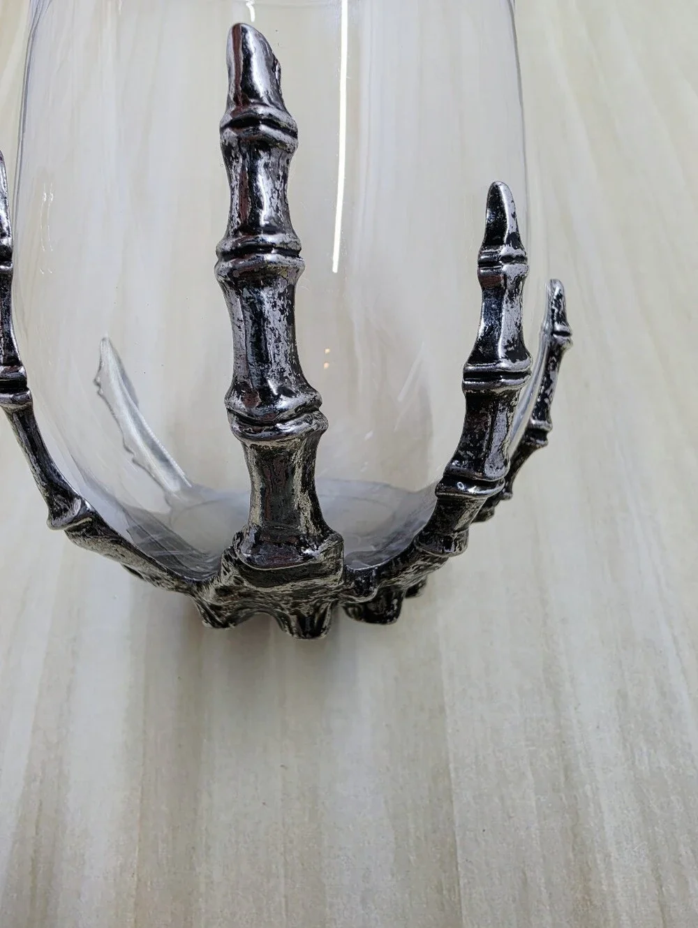 Pottery Barn Silver Skeleton Stemless Wine Glass Hand Blown Halloween 14oz